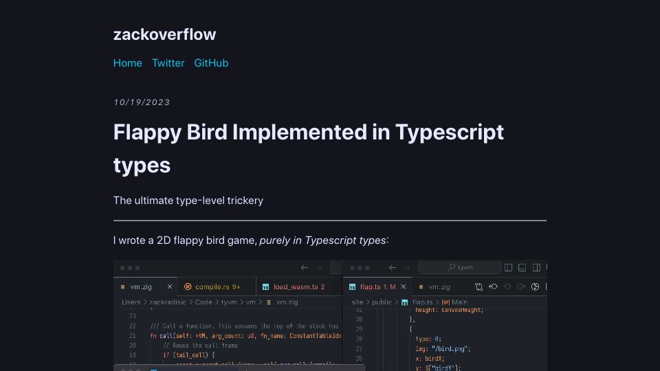 Screenshot of zackoverflow.dev: Flappy Bird implemented in TypeScript types