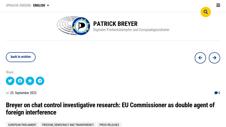 Screenshot of patrick-breyer.de: EU Commissioner as double agent of foreign interference
