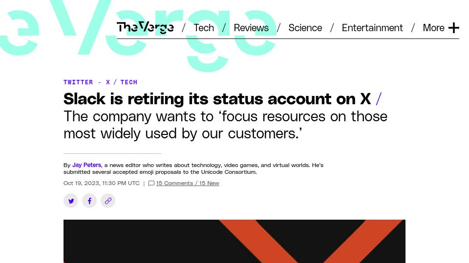 Screenshot of theverge.com: Slack is retiring its status account on X