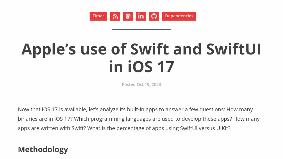 Screenshot of blog.timac.org: Apple's use of Swift and SwiftUI in iOS 17