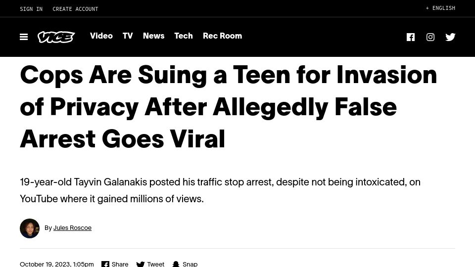 Screenshot of vice.com: Cops Are Suing a Teen for Invasion of Privacy After False Arrest Vid Goes Viral
