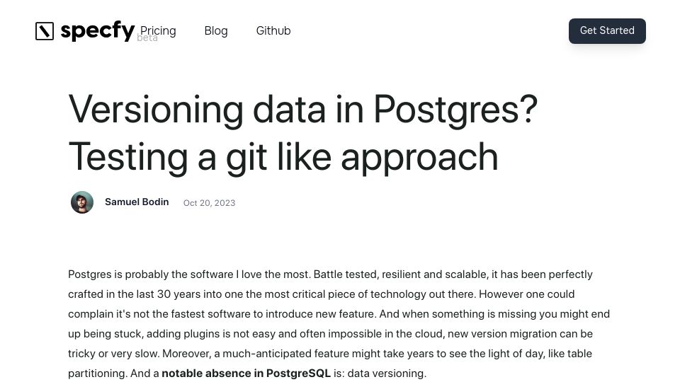 Screenshot of specfy.io: Versioning data in Postgres? Testing a Git like approach