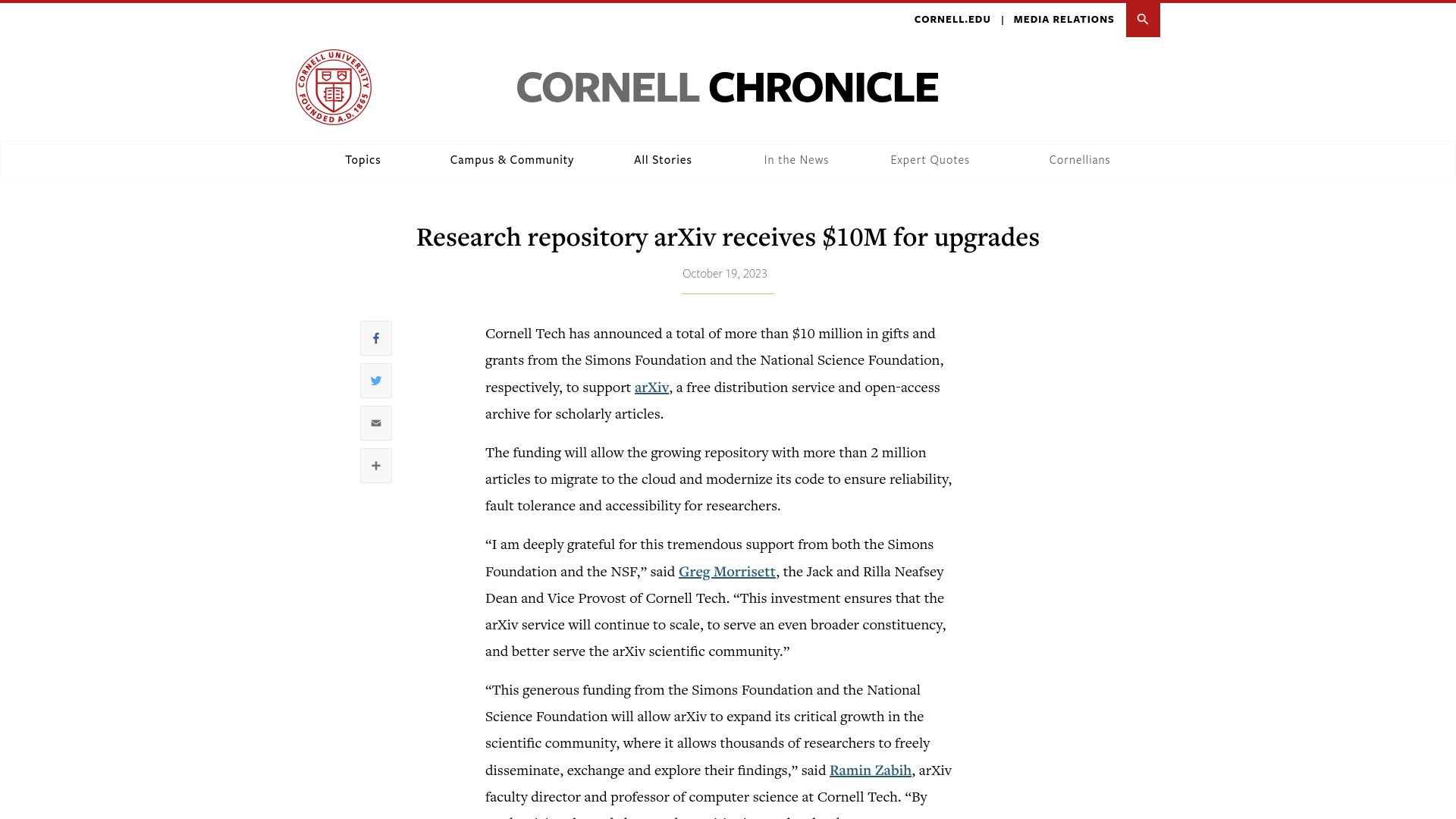 Screenshot of news.cornell.edu: ArXiv receives $10M for upgrades
