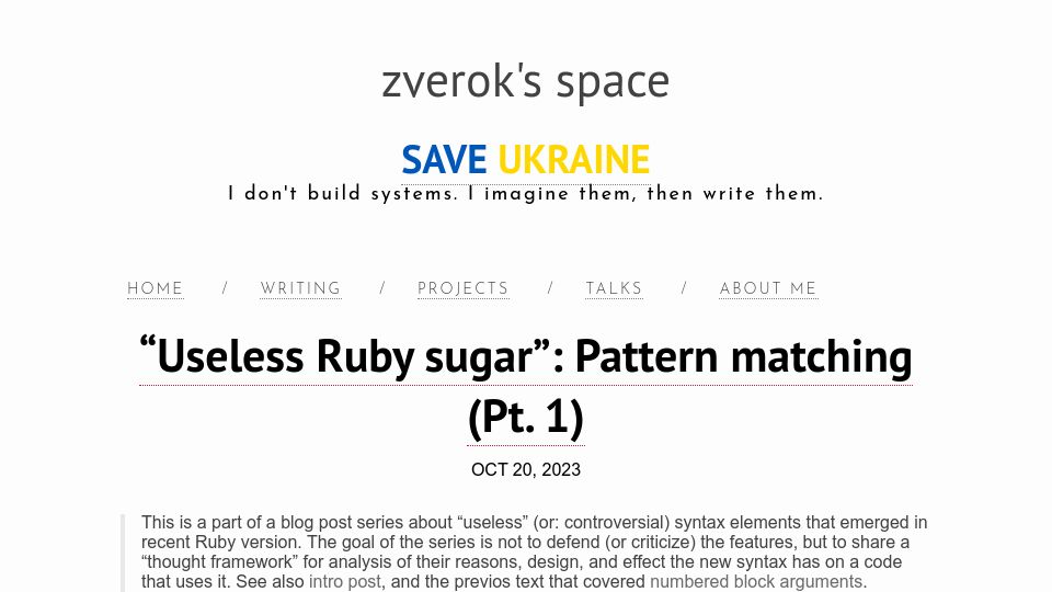 Screenshot of zverok.space: Useless Ruby sugar: Pattern matching