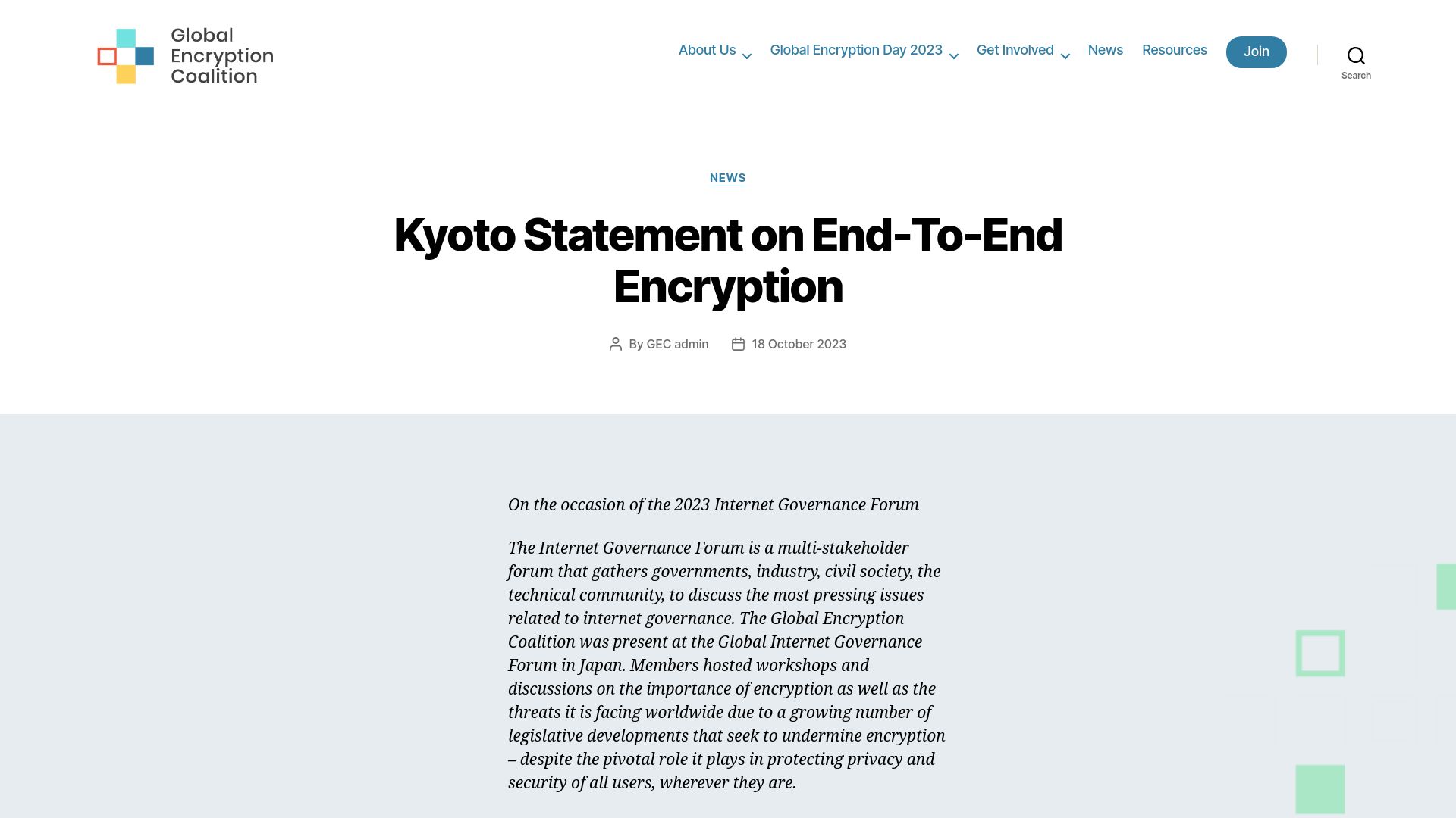 Screenshot of globalencryption.org: Kyoto Statement on End-to-End Encryption