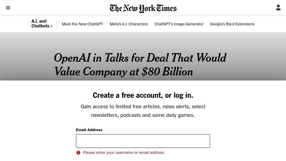 Screenshot of nytimes.com: OpenAI in Talks for Deal That Would Value Company at $80B