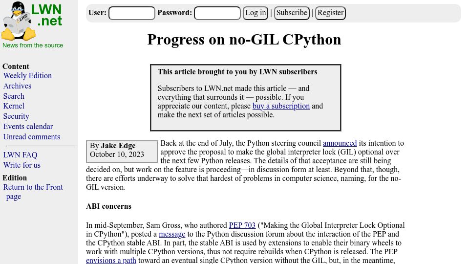 Screenshot of lwn.net: Progress on No-GIL CPython