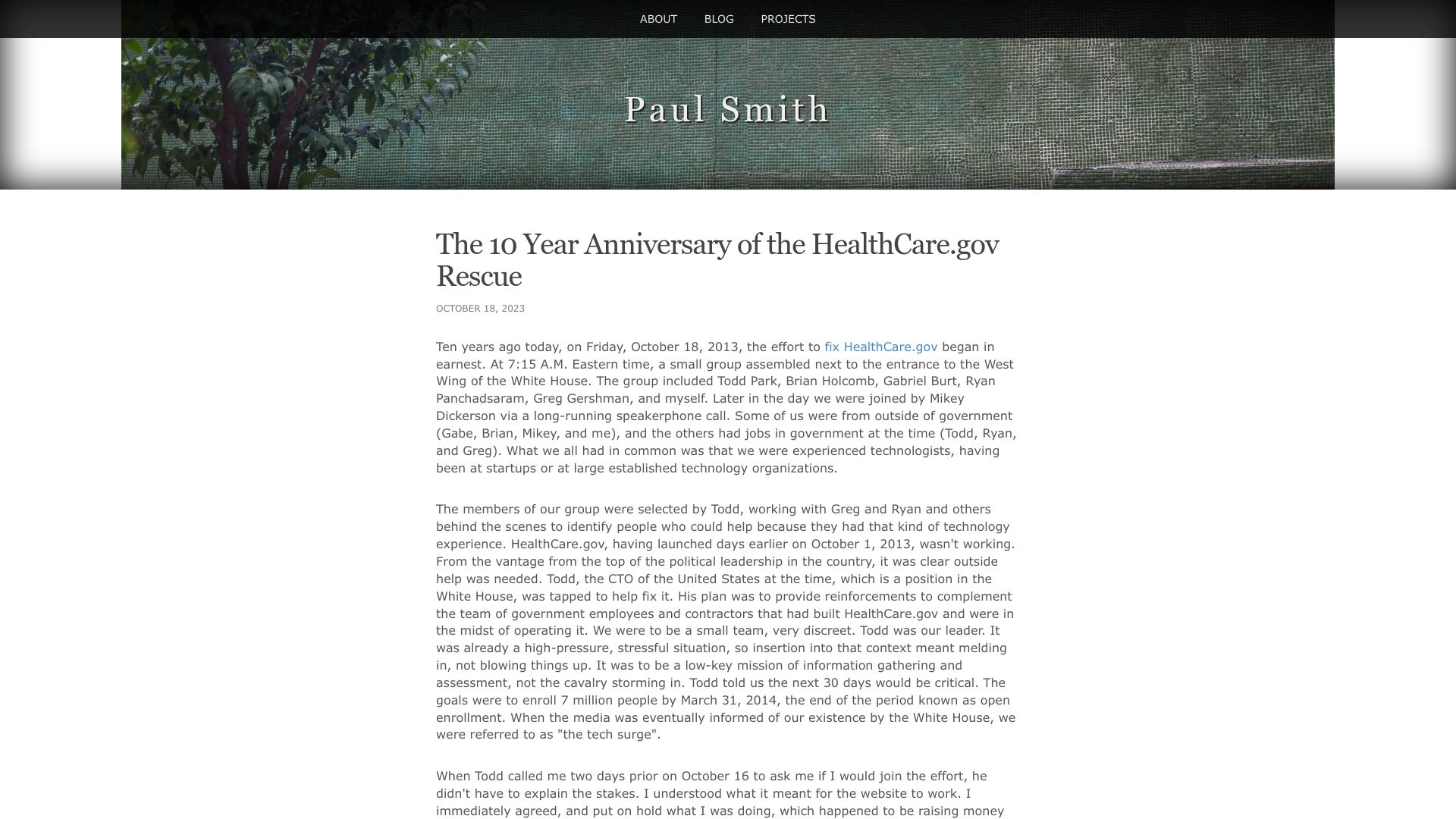 Screenshot of pauladamsmith.com: The ten year anniversary of the Healthcare.gov rescue