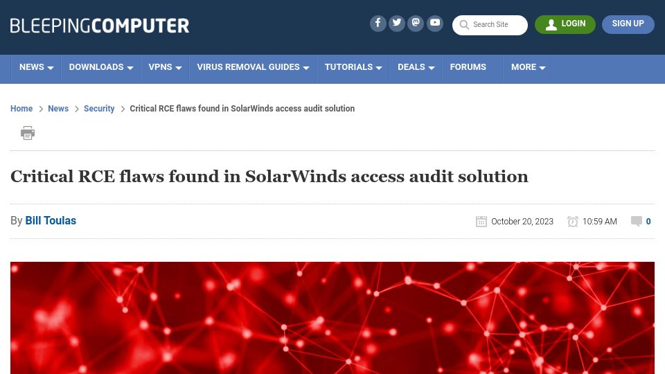 Screenshot of bleepingcomputer.com: Critical RCE flaws found in SolarWinds access audit solution