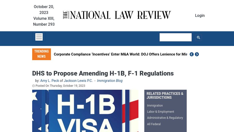 Screenshot of natlawreview.com: DHS to Propose Amending H-1B, F-1 Regulations