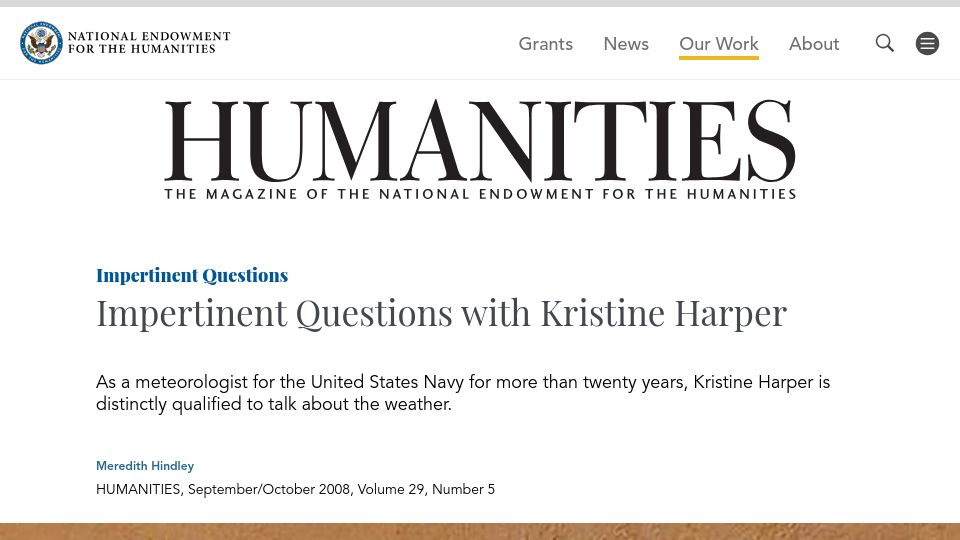 Screenshot of neh.gov: Impertinent Questions with Kristine Harper (2008)