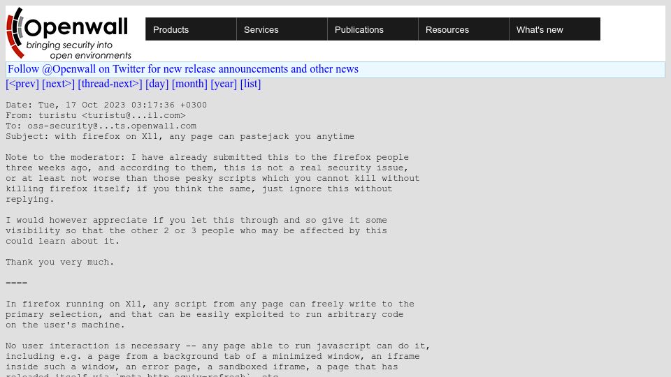 Screenshot of openwall.com: With Firefox on X11, any page can pastejack you anytime (middle button paste)