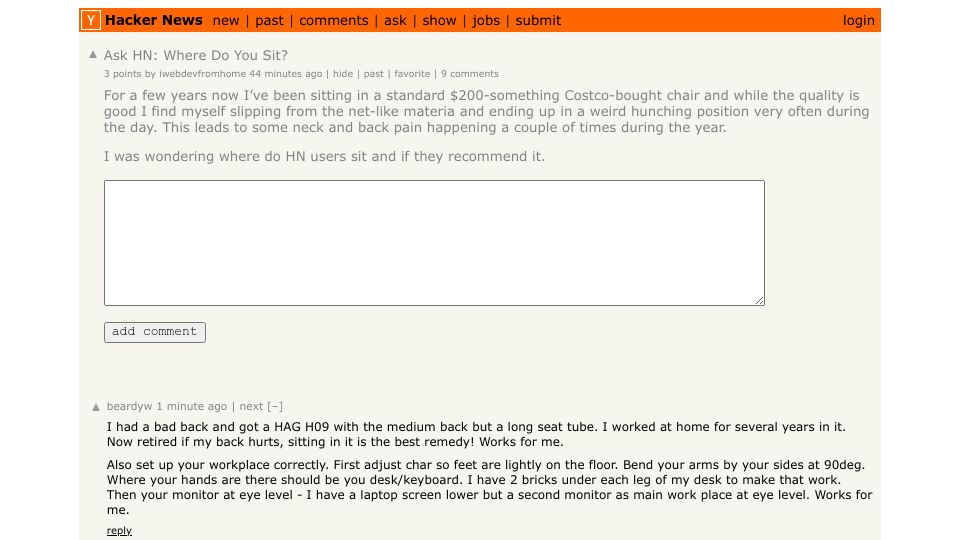 Screenshot of Hacker News post: Ask HN: Where Do You Sit?