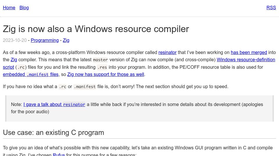 Screenshot of ryanliptak.com: Zig is now also a Windows resource compiler