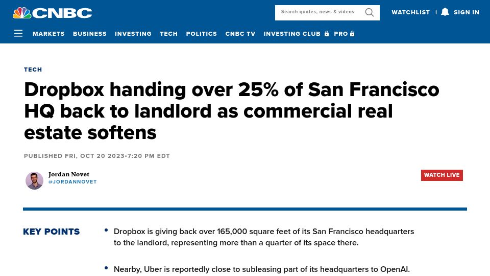 Screenshot of cnbc.com: Dropbox handing over 25% of San Francisco HQ back to landlord