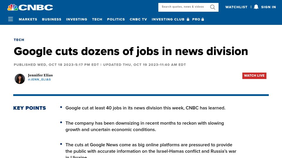 Screenshot of cnbc.com: Google cuts dozens of jobs in news division