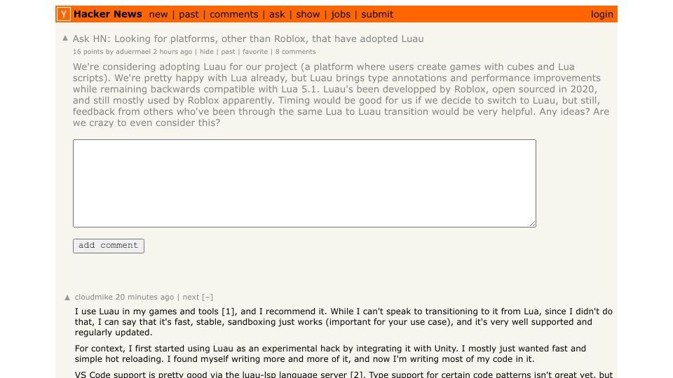 Screenshot of Hacker News post: Ask HN: Looking for platforms, other than Roblox, that have adopted Luau