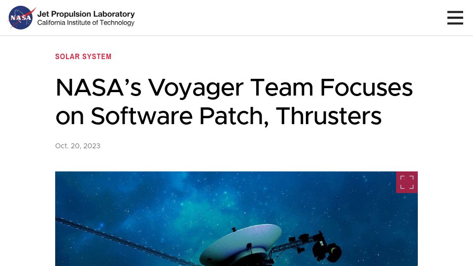 Screenshot of jpl.nasa.gov: NASA's Voyager Team Focuses on Software Patch, Thrusters