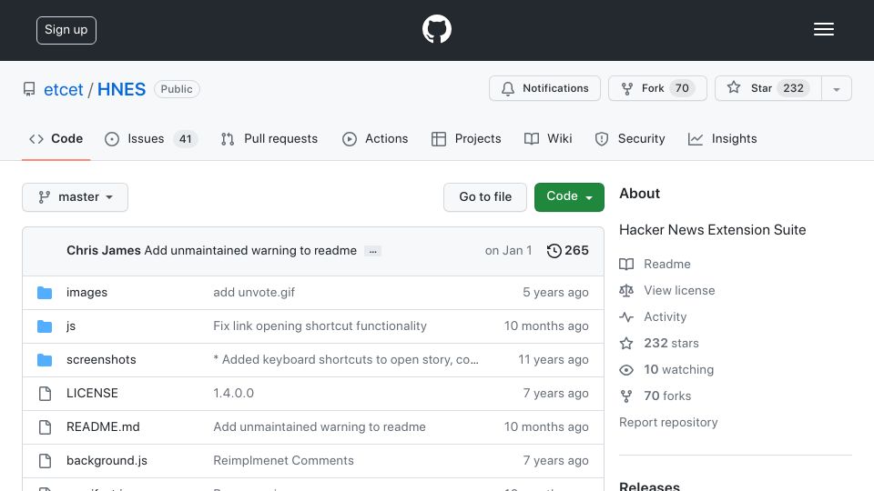 Screenshot of github.com: Hacker News Enhancement Suite is best thing since sliced bread