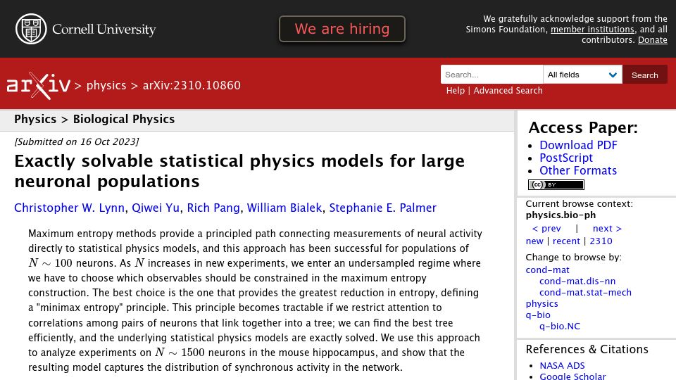 Screenshot of arxiv.org: Solvable statistical physics models for large neuronal populations