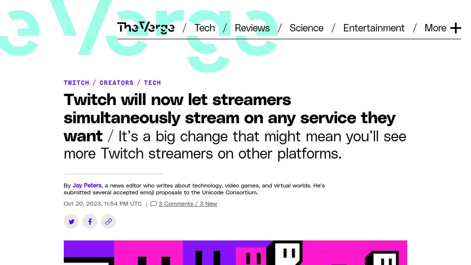 Screenshot of theverge.com: Twitch will now let streamers simultaneously stream on any service they want
