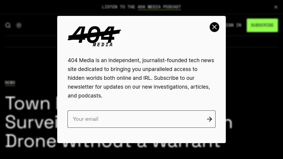 Screenshot of 404media.co: Town Repeatedly Surveilled Man's Yard with Drone Without a Warrant