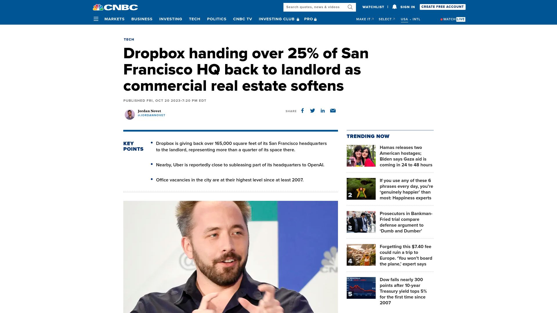 Screenshot of cnbc.com: Dropbox handing over 25% of San Francisco HQ back to landlord