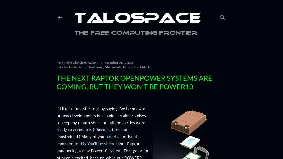 Screenshot of talospace.com: The next Raptor OpenPOWER systems are coming, but they won't be Power10