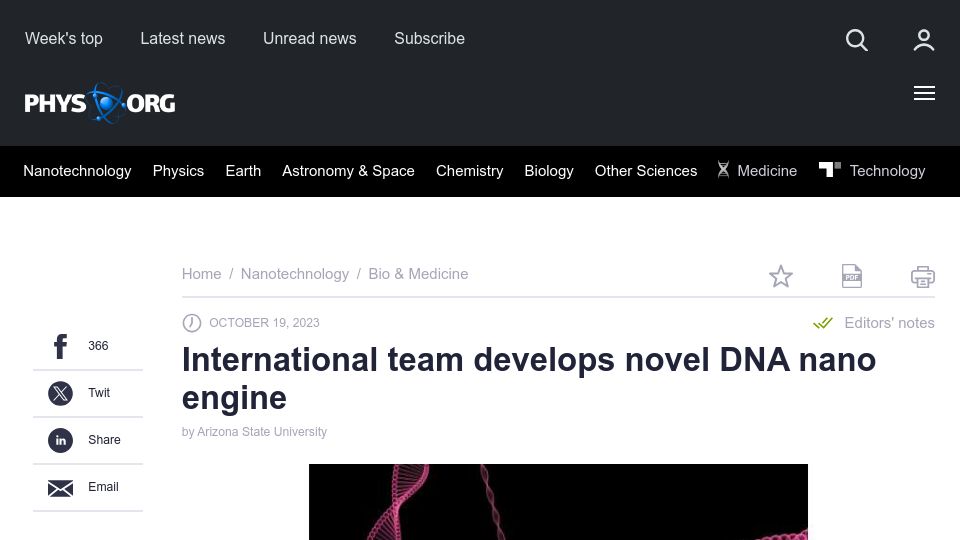 Screenshot of phys.org: International team develops novel DNA nano engine