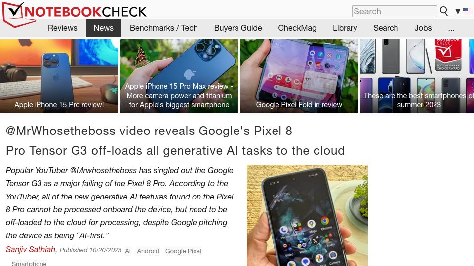 Screenshot of notebookcheck.net: The Pixel 8 Pro's Tensor G3 off-loads all generative AI tasks to the cloud