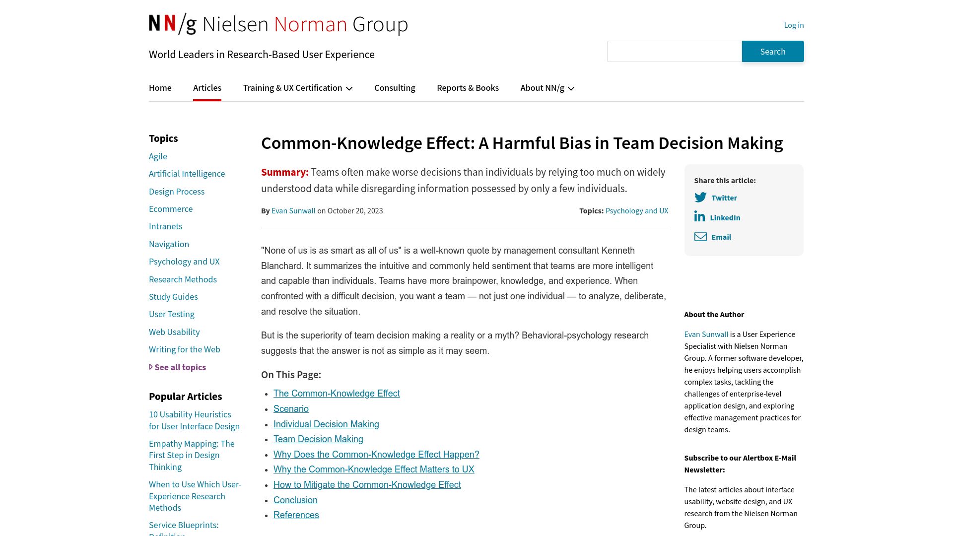 Screenshot of nngroup.com: Common-knowledge effect: A bias in team decision making