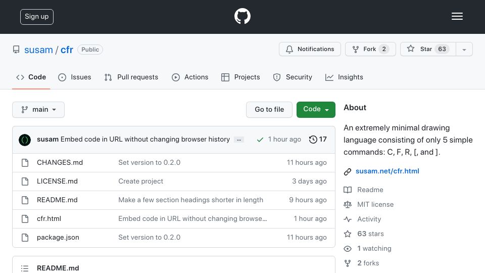 Screenshot of github.com: CFR[] is a very minimal drawing language with 5 simple commands: C, F, R, [, ]