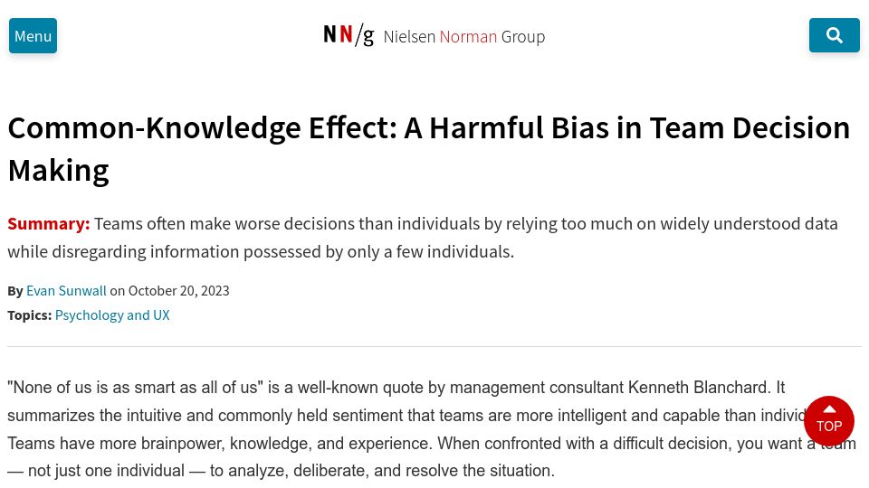 Screenshot of nngroup.com: Common-knowledge effect: A bias in team decision making