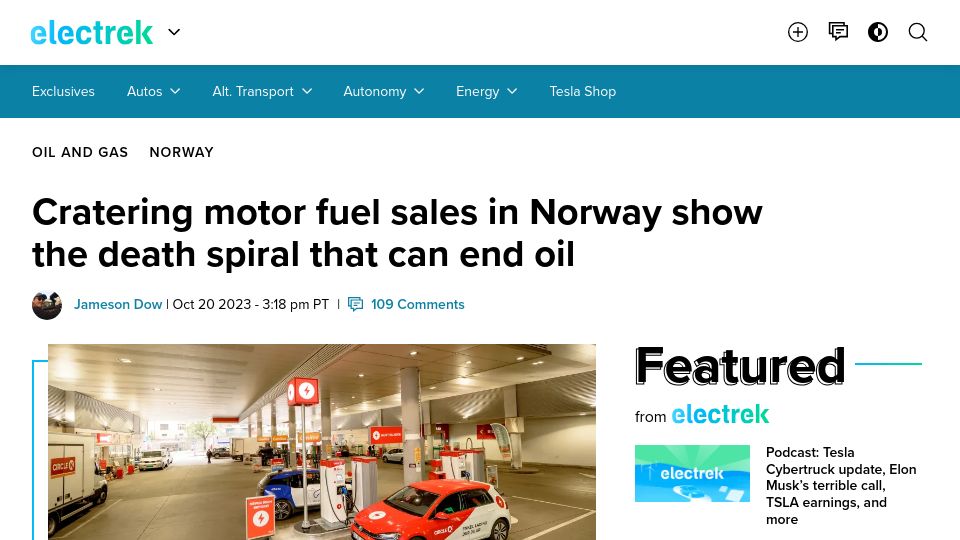 Screenshot of electrek.co: Cratering motor fuel sales in Norway show the death spiral that can end oil