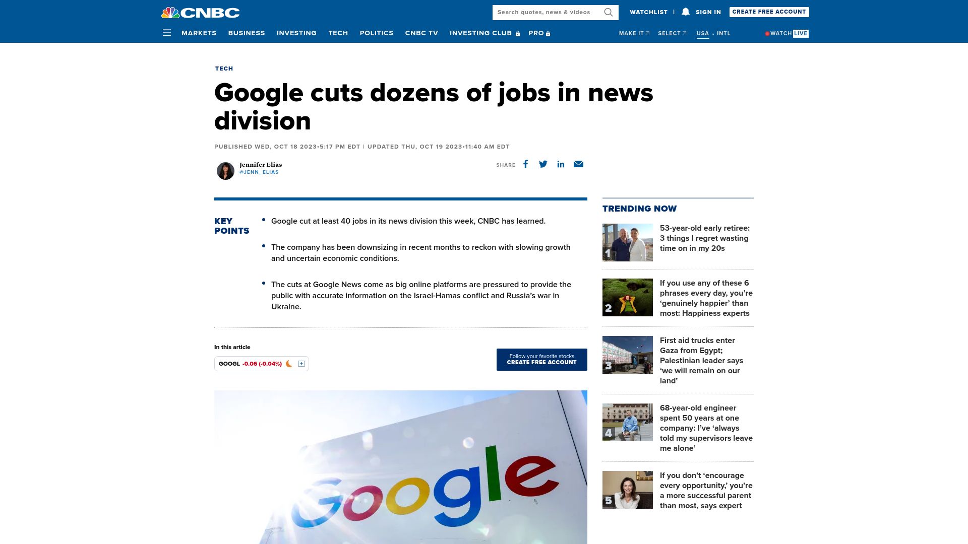 Screenshot of cnbc.com: Google cuts dozens of jobs in news division