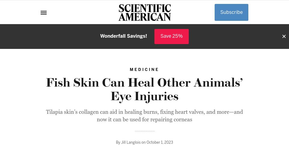 Screenshot of scientificamerican.com: Fish skin can heal other animals' eye injuries
