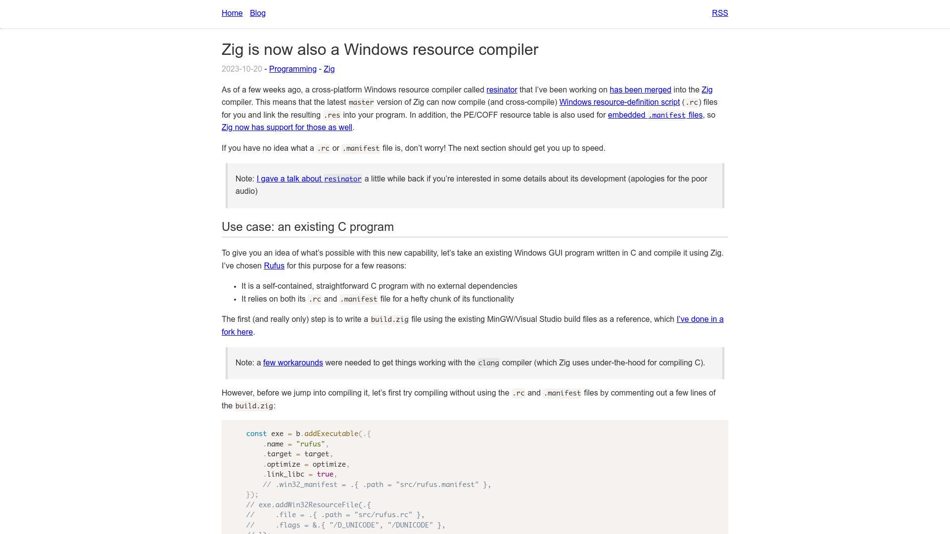Screenshot of ryanliptak.com: Zig is now also a Windows resource compiler