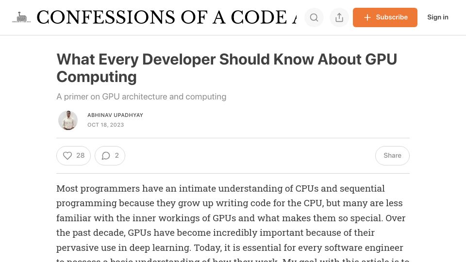 Screenshot of codeconfessions.substack.com: What every developer should know about GPU computing
