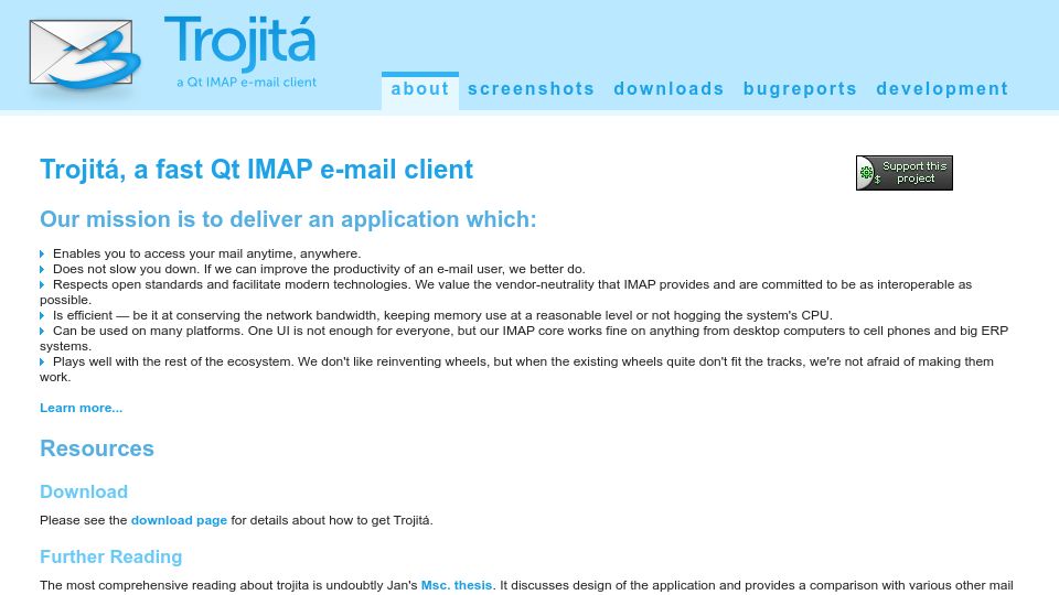 Screenshot of trojita.flaska.net: Trojitá, a fast Qt IMAP email client