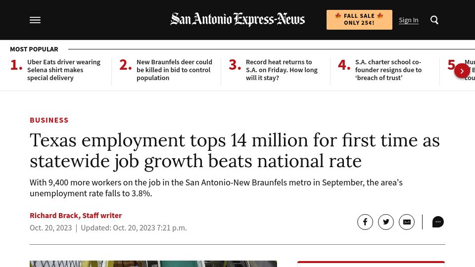 Screenshot of expressnews.com: Texas employment tops 14M as state job growth tops U.S.