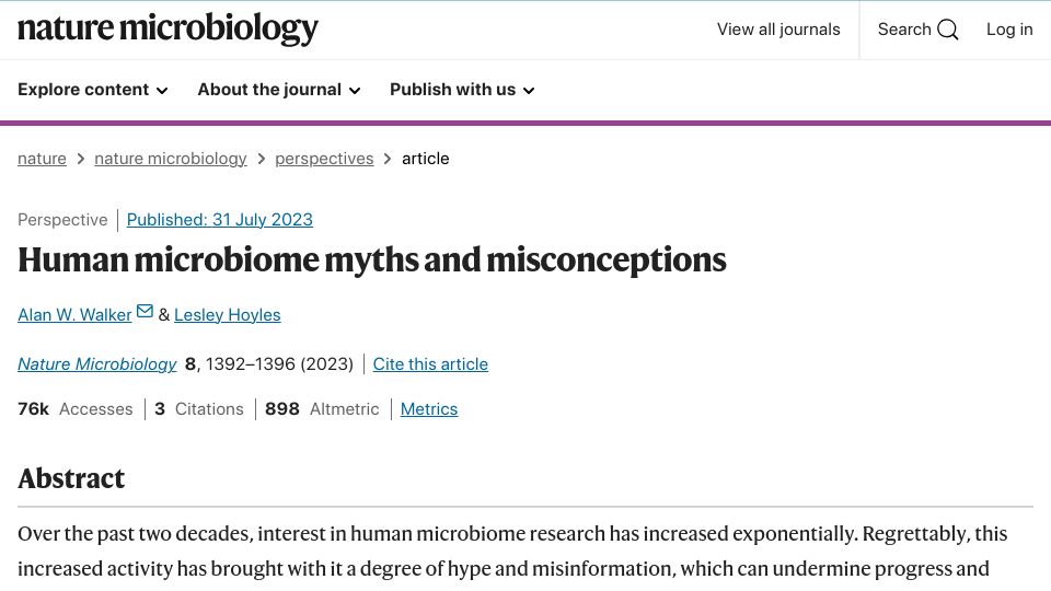 Screenshot of nature.com: Human microbiome myths and misconceptions