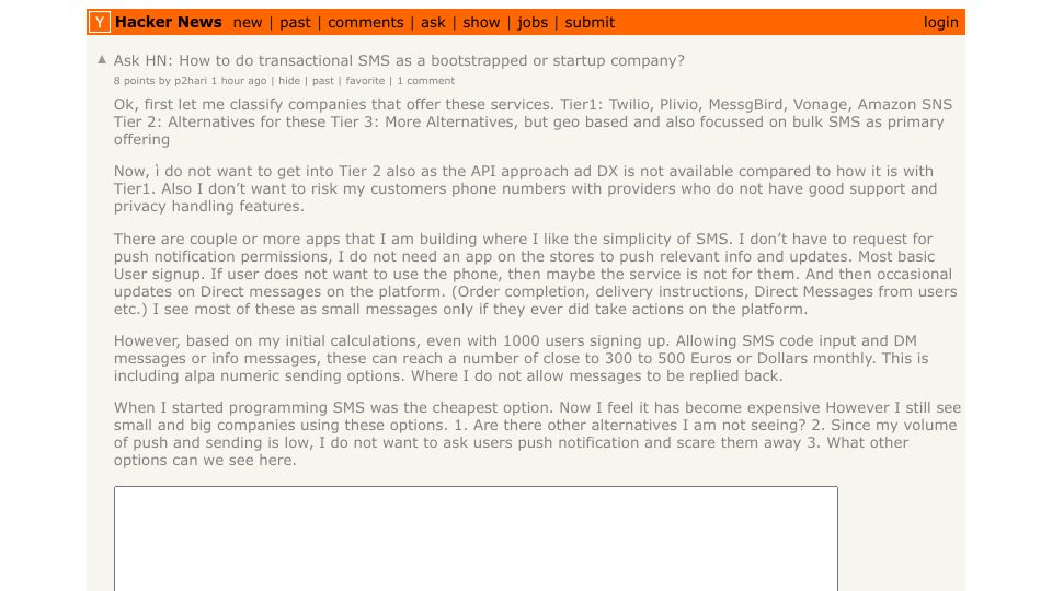 Screenshot of Hacker News post: Ask HN: How to do transactional SMS as a bootstrapped or startup company?