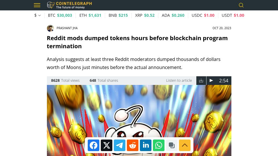 Screenshot of cointelegraph.com: Reddit mods dumped tokens hours before blockchain program termination