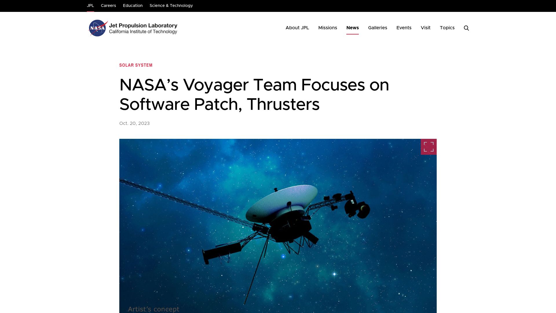 Screenshot of jpl.nasa.gov: NASA's Voyager Team Focuses on Software Patch, Thrusters