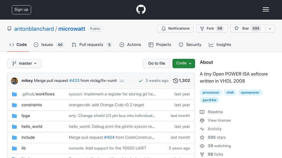 Screenshot of github.com: Microwatt: A tiny Open POWER ISA softcore written in VHDL 2008