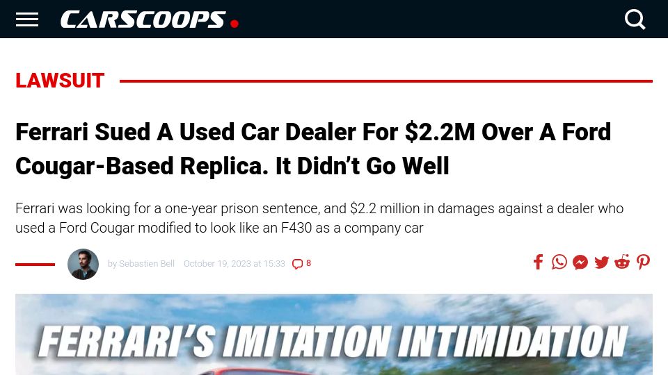 Screenshot of carscoops.com: Ferrari Sued a Used Car Dealer for $2.2M over a Replica. It Didn't Go Well