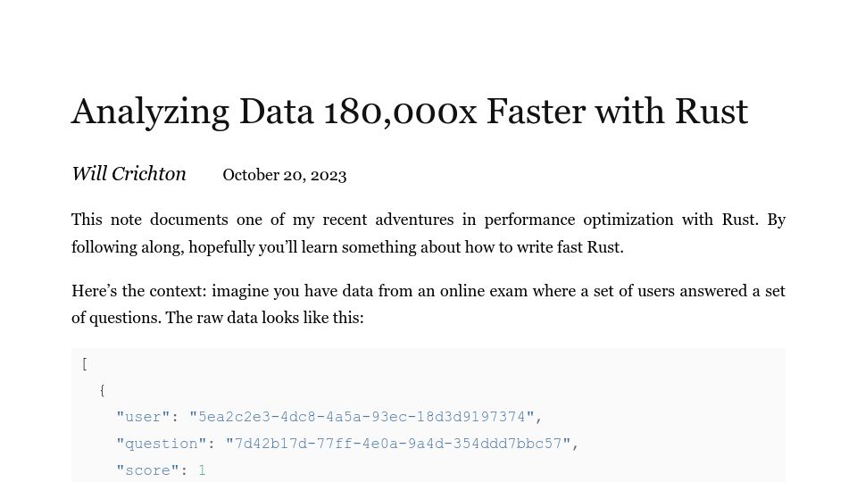 Screenshot of willcrichton.net: Recent adventures in performance optimization with Rust