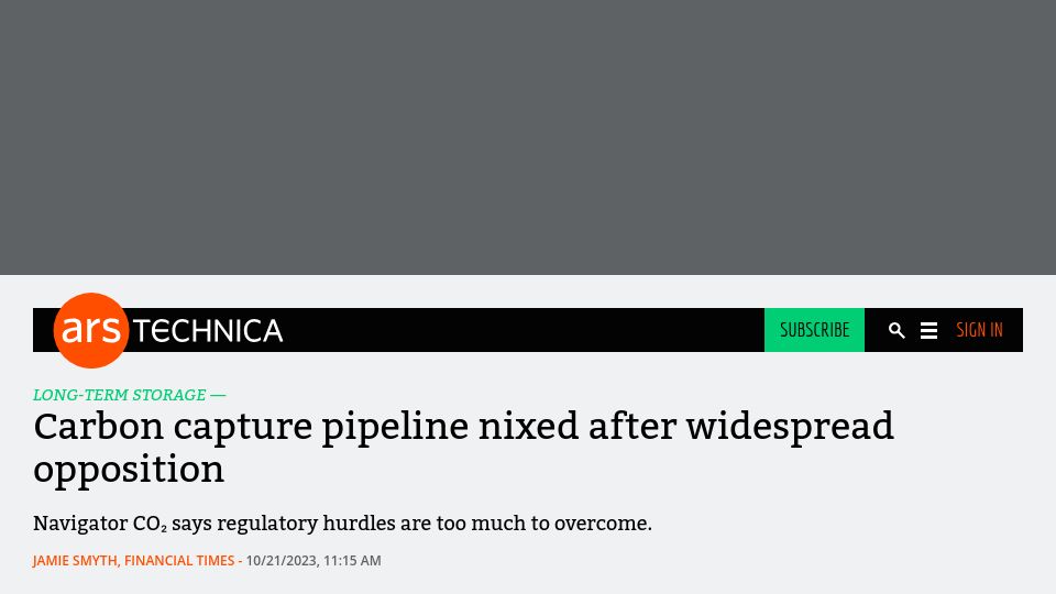 Screenshot of arstechnica.com: Carbon capture pipeline nixed after widespread opposition