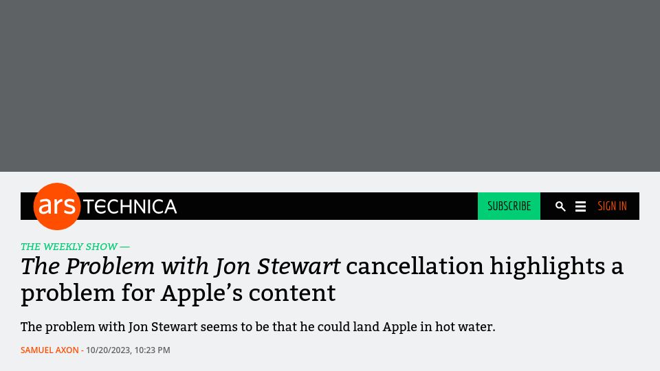 Screenshot of arstechnica.com: The Problem with Jon Stewart cancellation highlights a problem for Apple content