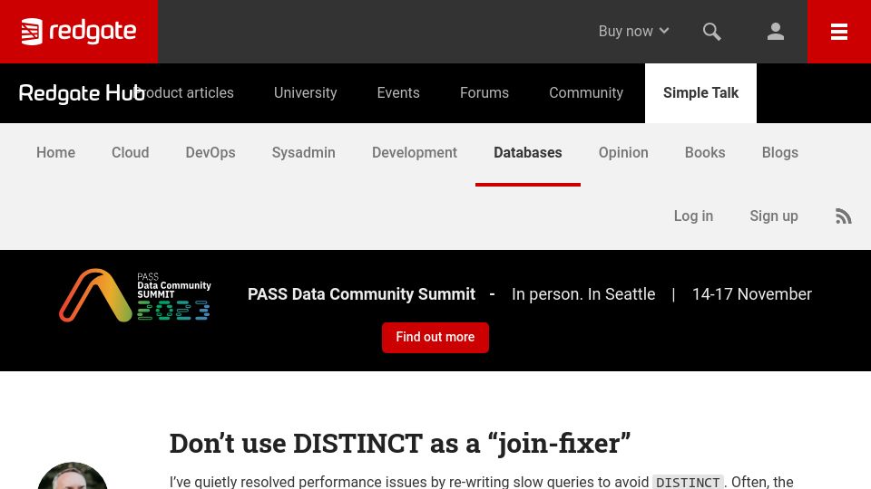 Screenshot of red-gate.com: Don't use DISTINCT as a "join-fixer"